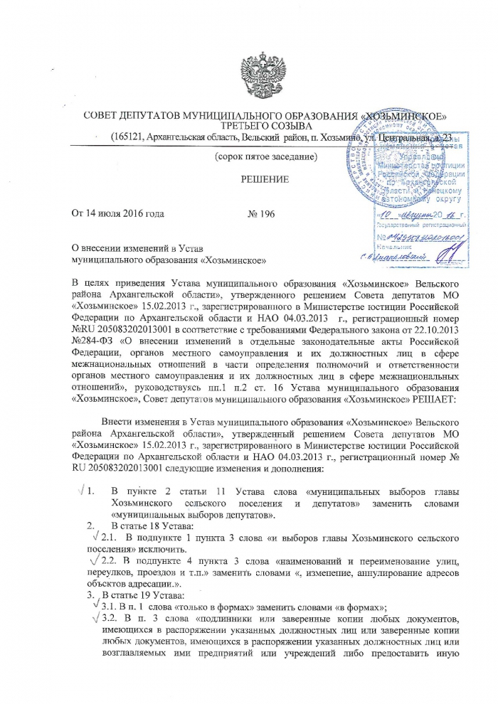 О внесении изменений в Устав муниципального образования "Хозьминское"